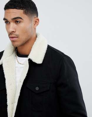 asos design borg lined denim jacket in black