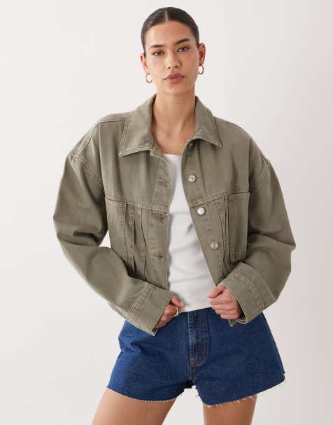 ASOS DESIGN denim jacket with tie back detail in khaki - view 1