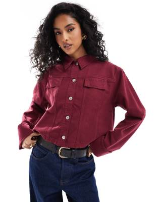 denim jacket with turn up cuffs in burgundy-Red