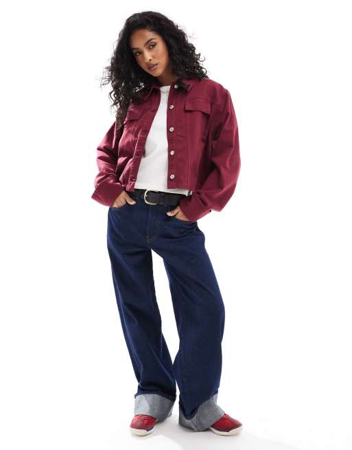 ASOS DESIGN denim jacket with turn up cuffs in burgundy ASOS