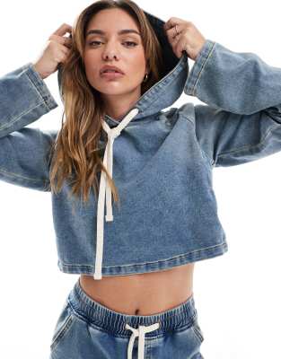 Asos Design Denim Jersey Hoodie In Midwash Blue - Part Of A Set