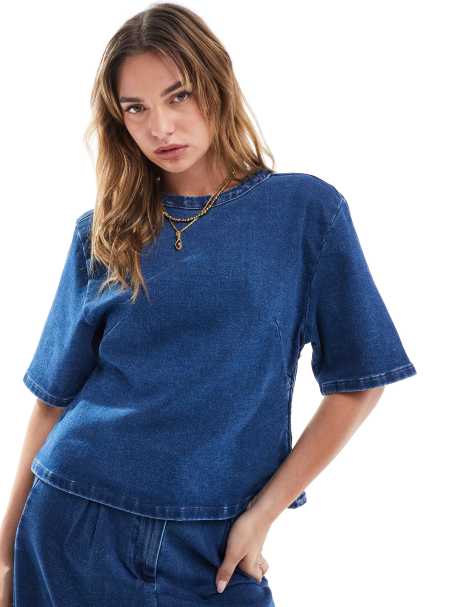 ASOS DESIGN denim jersey premium t-shirt in midwash blue - view 1