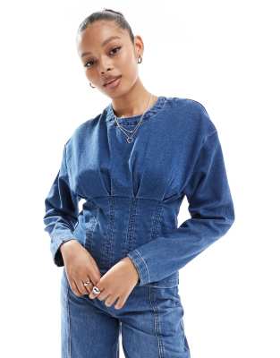 denim jersey top with cinched waist in midwash blue