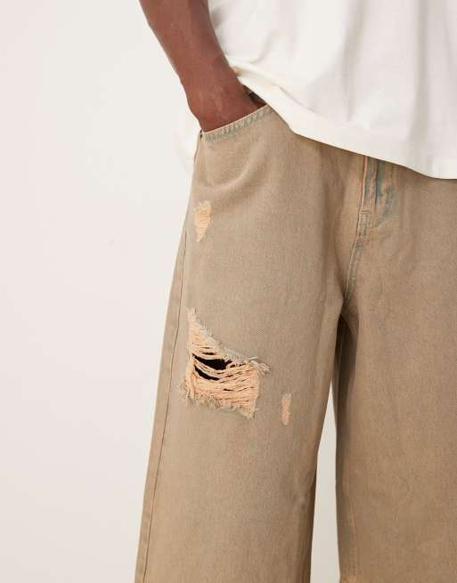 ASOS DESIGN - Denim jort met distressed details in bruin, 4 van 5