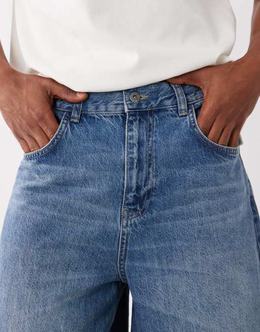 ASOS DESIGN - Denim jort met langere lengte in vintage mid-wash blauw, 4 van 5