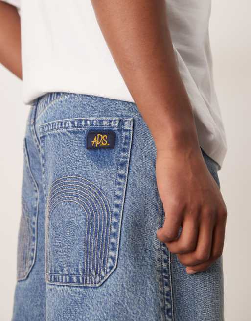 ASOS DESIGN denim jorts with embroidered pockets in light wash blue