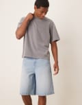 [ASOS DESIGN] ASOS DESIGN denim jorts with self tie and embroidered back pockets in mid-wash blue W30 Mid wash blue