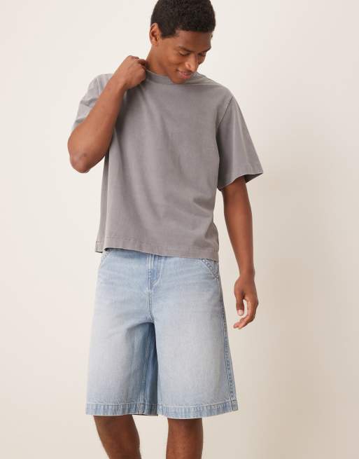 ASOS DESIGN denim jorts with self tie and embroidered back pockets in mid wash blue
