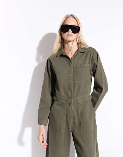 ASOS DESIGN denim jumpsuit med hornben i khaki, 3 af 8
