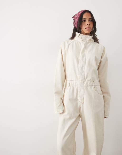 ASOS DESIGN denim jumpsuit med ståkrage i naturvit, 3 av 4