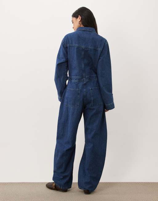ASOS DESIGN denim jumpsuit met barrel leg in donker middenblauw, 2 van 4