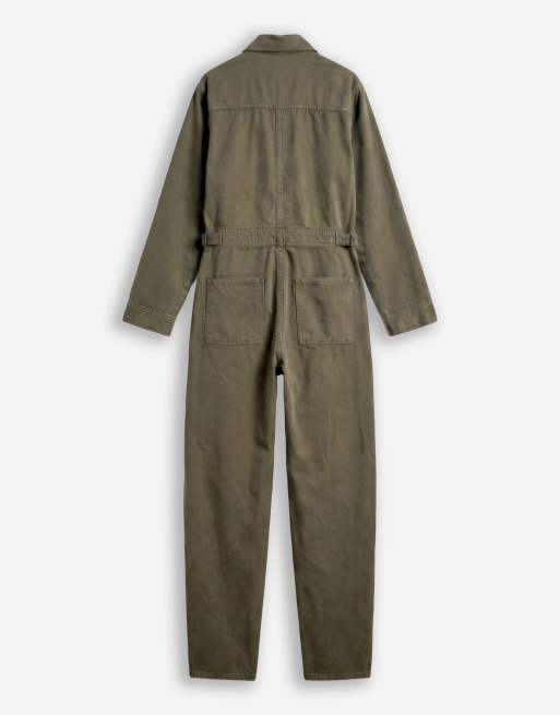 ASOS DESIGN Denim-Jumpsuit mit ausgestelltem Bein in Khaki, 6 von 8
