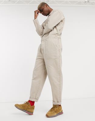 beige denim jumpsuit