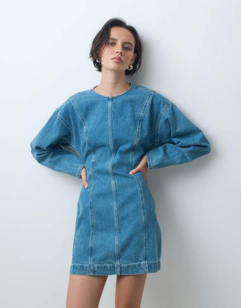 ASOS DESIGN denim jurk met naden, lange mouwen, mini, in vintage middenblauw - view 1