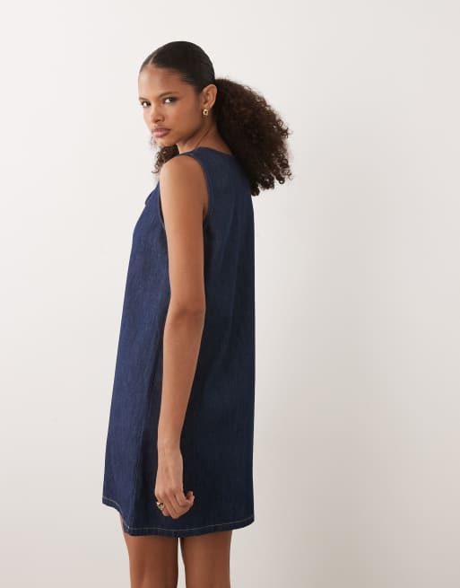 ASOS DESIGN denim keyhole mini shift dress with bow detail in dark mid blue, 4 of 4