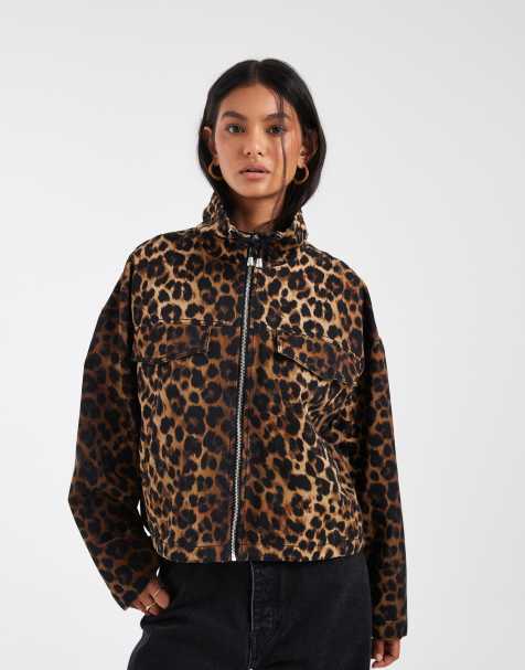 ASOS DESIGN denim lightweight funnel neck jacket in leopard - view 1