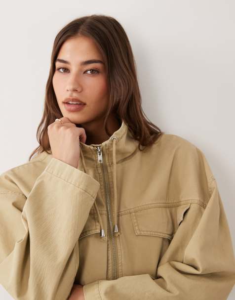 ASOS DESIGN denim lightweight funnel neck jacket in stone - view 1