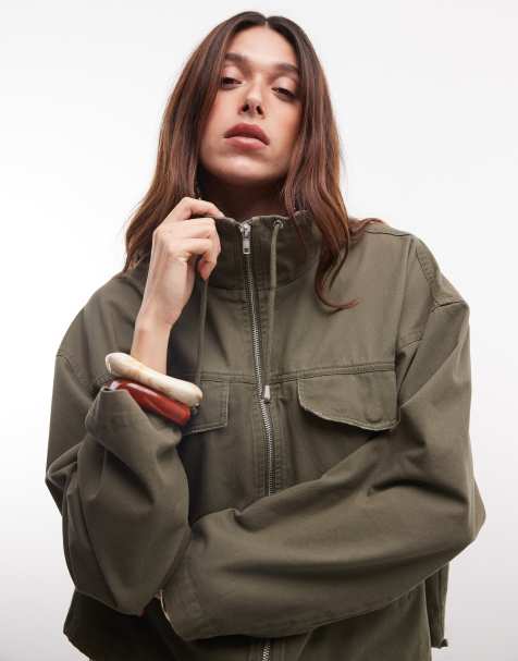 ASOS DESIGN denim lightweight funnel neck jacket with drawstring detail in khaki - view 1