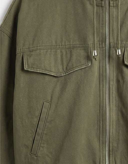 ASOS DESIGN denim lightweight funnel neck jacket with drawstring detail in khaki, 8 of 8