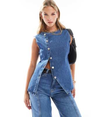 ASOS DESIGN denim long line asymmetric waistcoat in mid blue - view 1