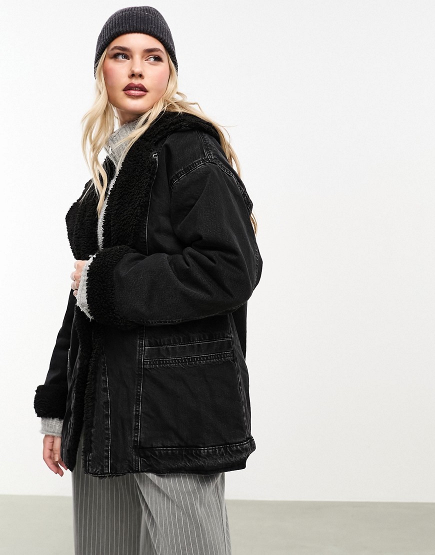 ASOS DESIGN denim long line jacket with borg lining in washed black