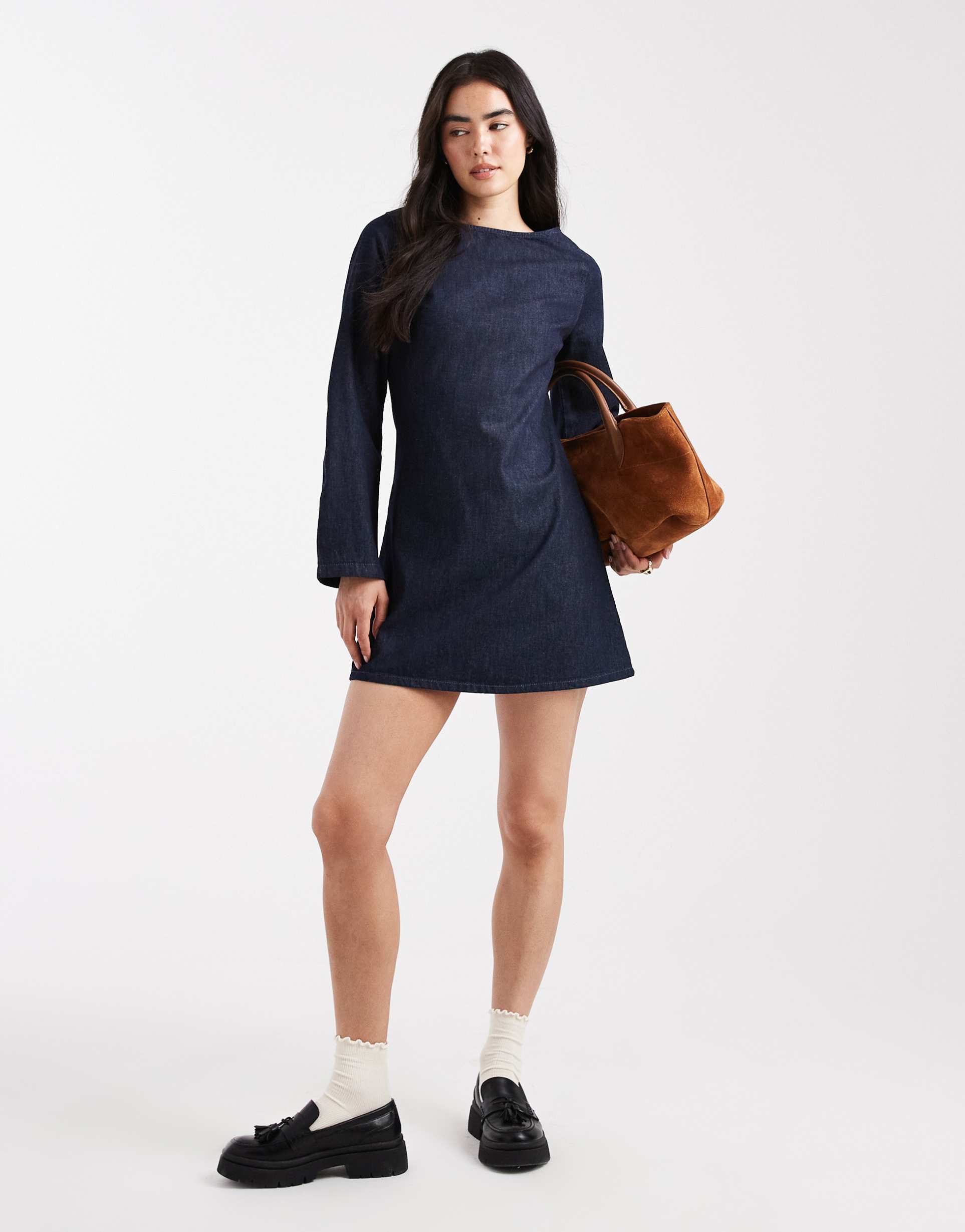 asos design denim long sleeve a line mini dress in rinse