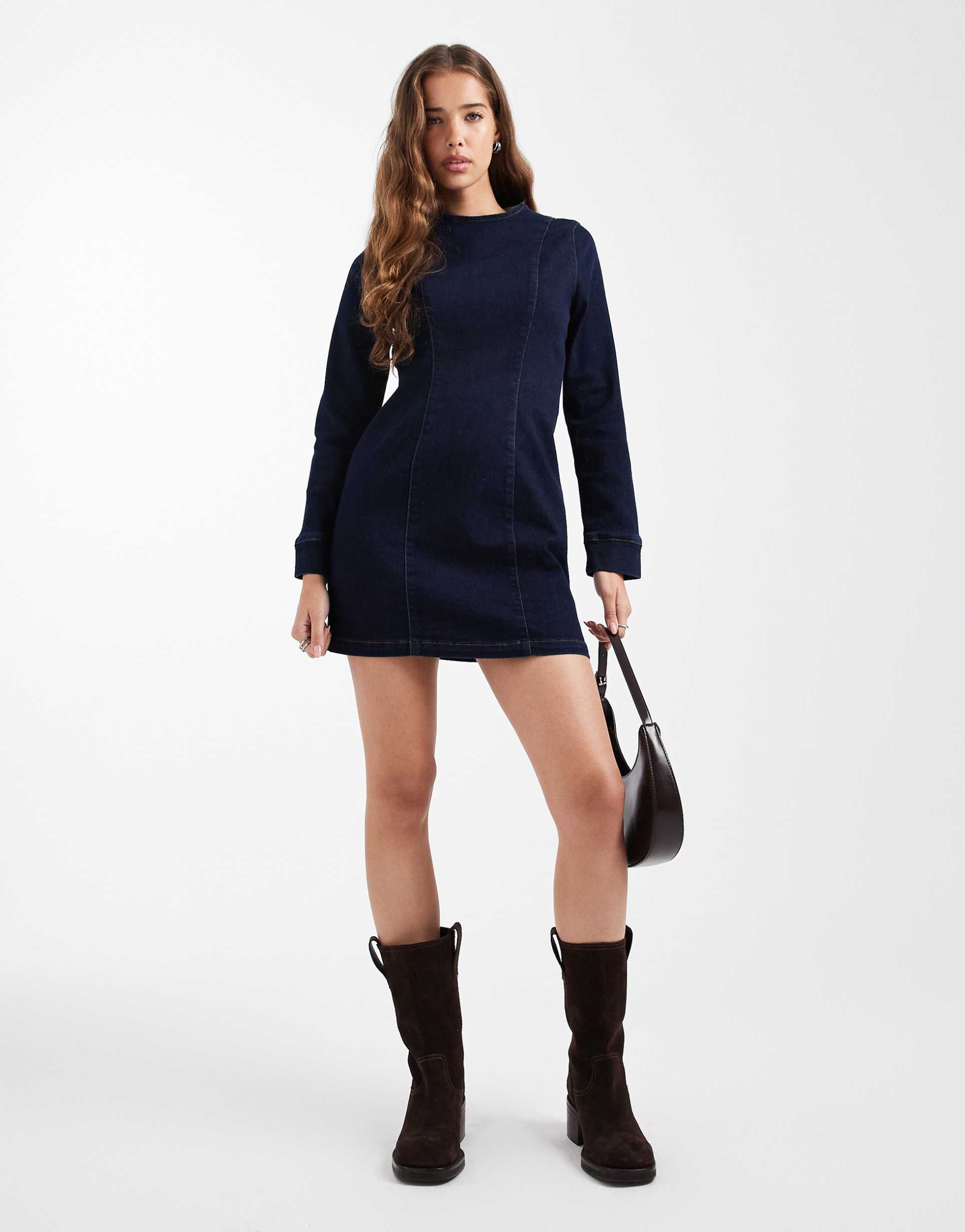asos design denim long sleeve bodycon dress in mid blue