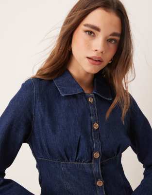 denim long sleeve button up top in indigo-Blue