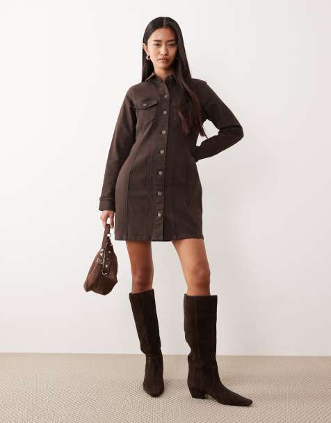 ASOS DESIGN denim long sleeve fitted shirt dress in chocolate - view 1