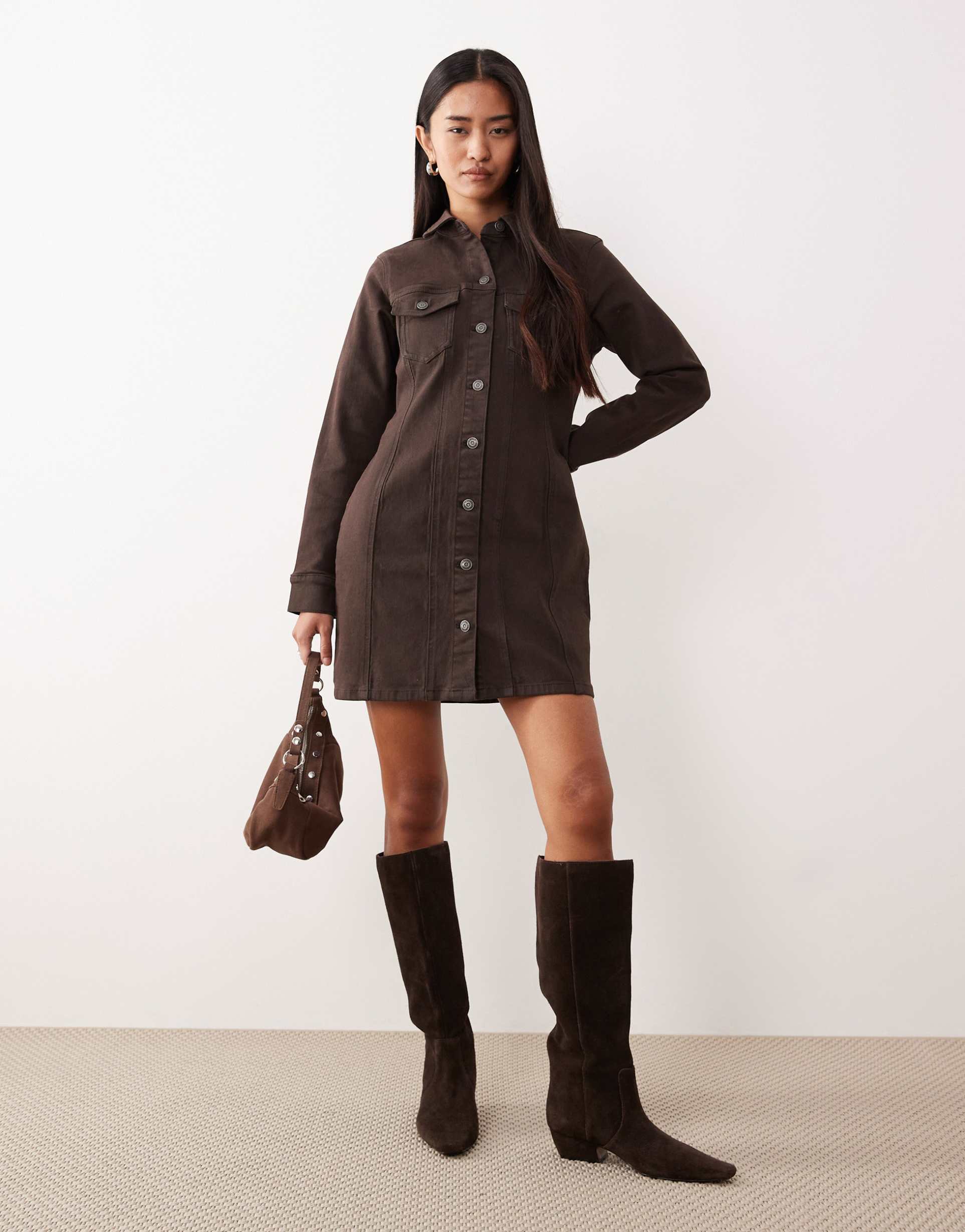 asos design denim long sleeve fitted shirt dress in chocolate