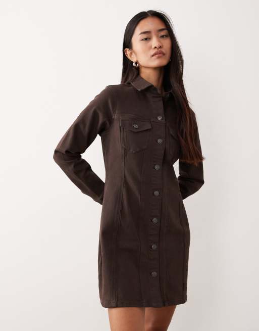 ASOS DESIGN denim long sleeve fitted shirt dress in chocolate, 2 of 4
