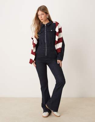 Asos Design Denim Long Sleeve Jumpsuit In Indigo-blue