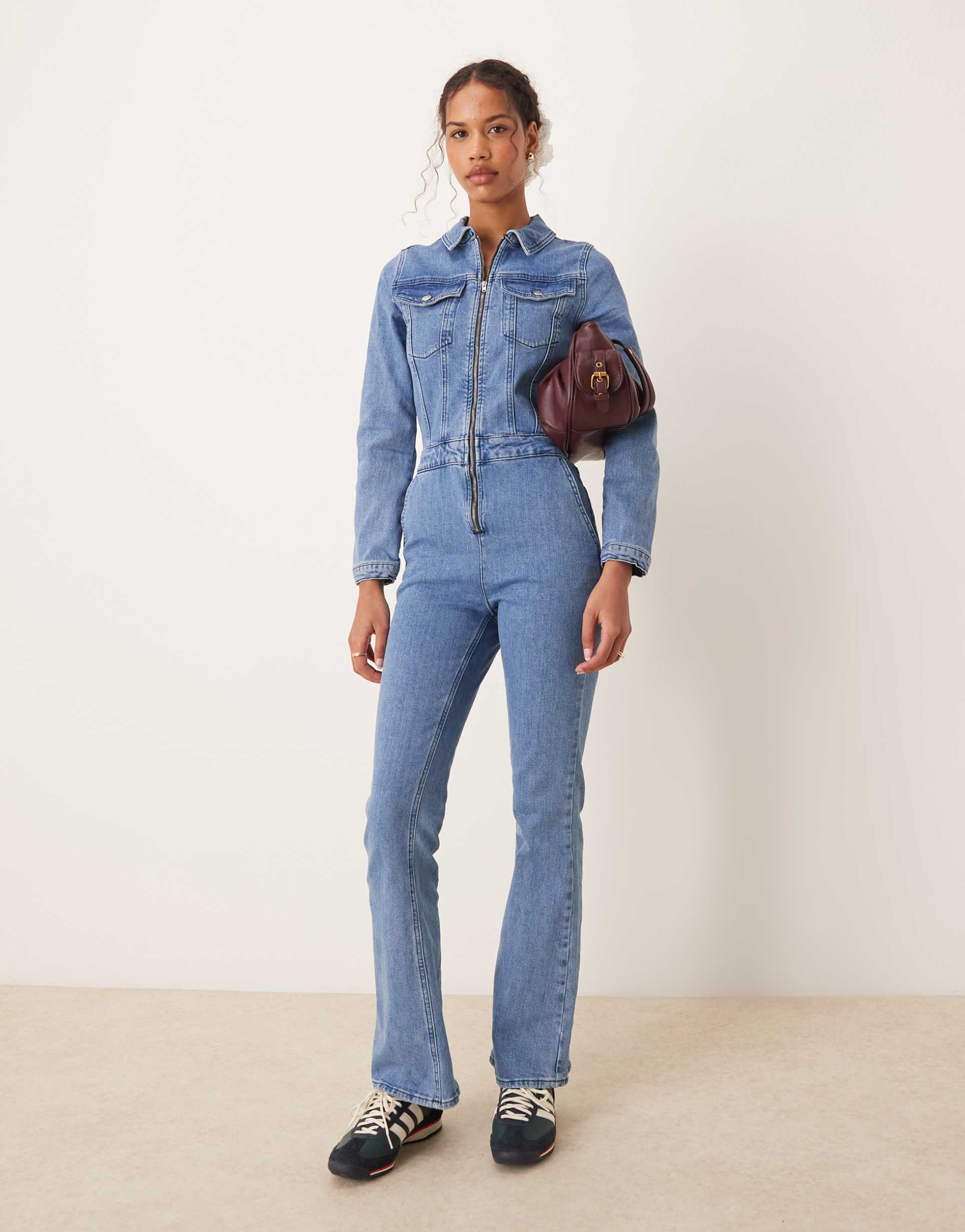 asos design denim long sleeve jumpsuit in mid blue