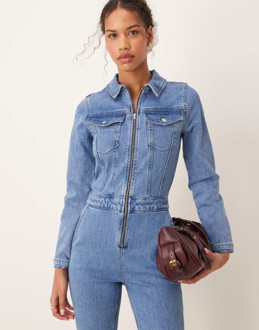 ASOS DESIGN denim long sleeve jumpsuit in mid blue ASOS