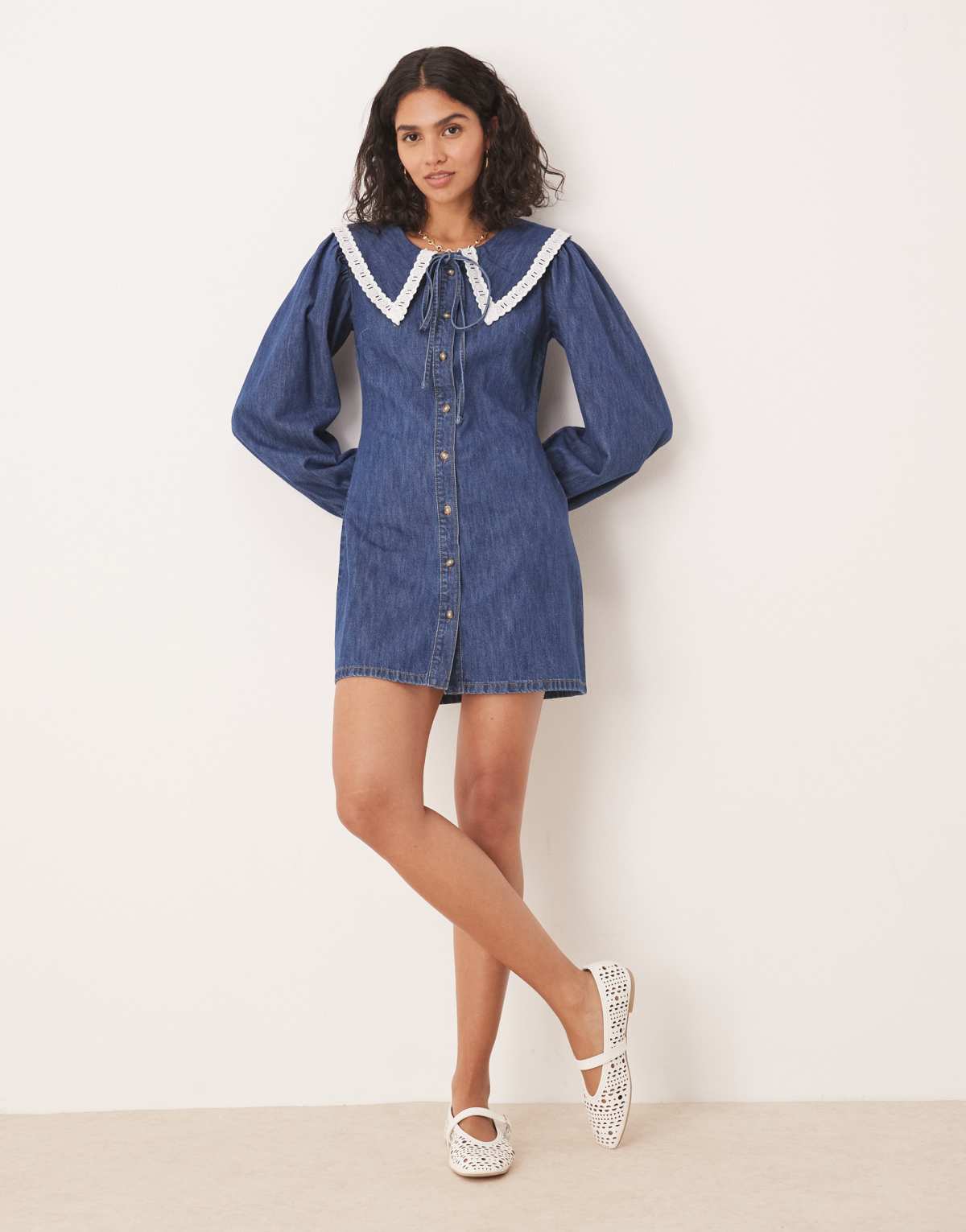 ASOS DESIGN denim long sleeve mini dress with extreme collar in midwash blue