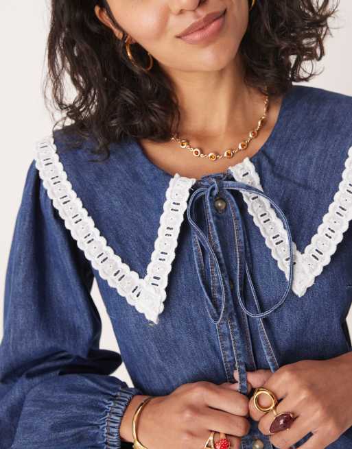 ASOS DESIGN denim long sleeve mini dress with extreme collar in midwash blue, 2 of 4