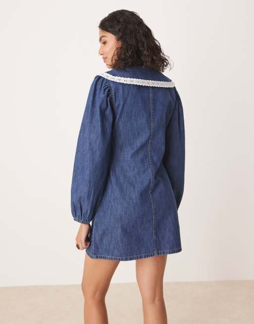 ASOS DESIGN denim long sleeve mini dress with extreme collar in midwash blue, 3 of 4