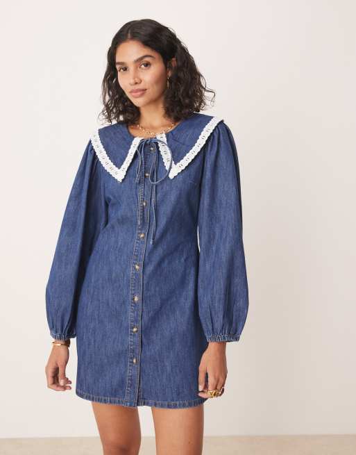 ASOS DESIGN denim long sleeve mini dress with extreme collar in midwash blue, 4 of 4