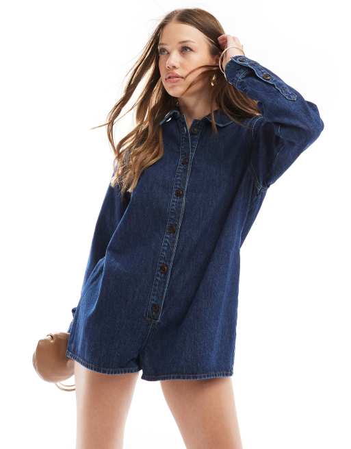 ASOS DESIGN denim long sleeve romper in mid blue