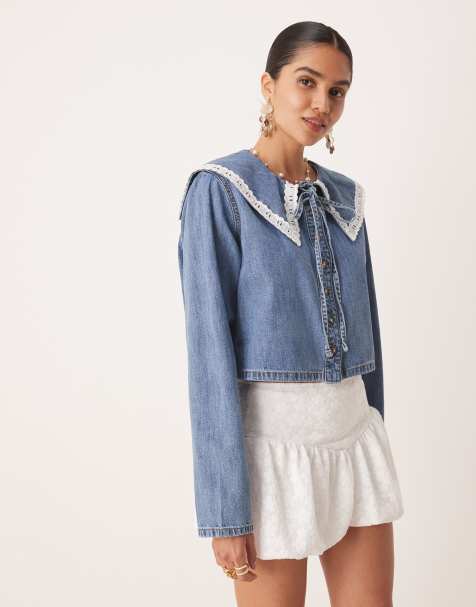 ASOS DESIGN denim long sleeve shirt with collar in mid blue - view 1