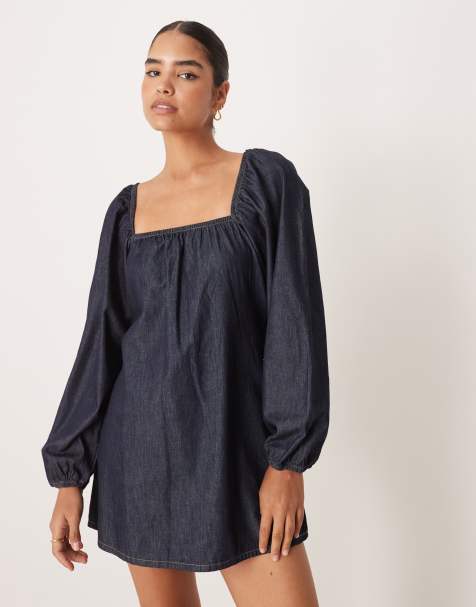 ASOS DESIGN denim long sleeve swing dress in rinse wash - view 1