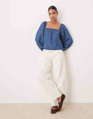 Asos Design Denim Long Sleeve Swing Top In Blue