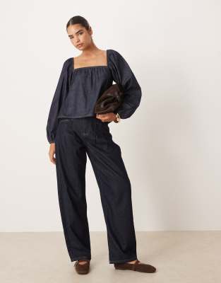 Asos Design Denim Long Sleeve Swing Top In Blue