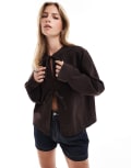 [ASOS DESIGN] ASOS DESIGN denim long sleeve tie front top in brown M Brown