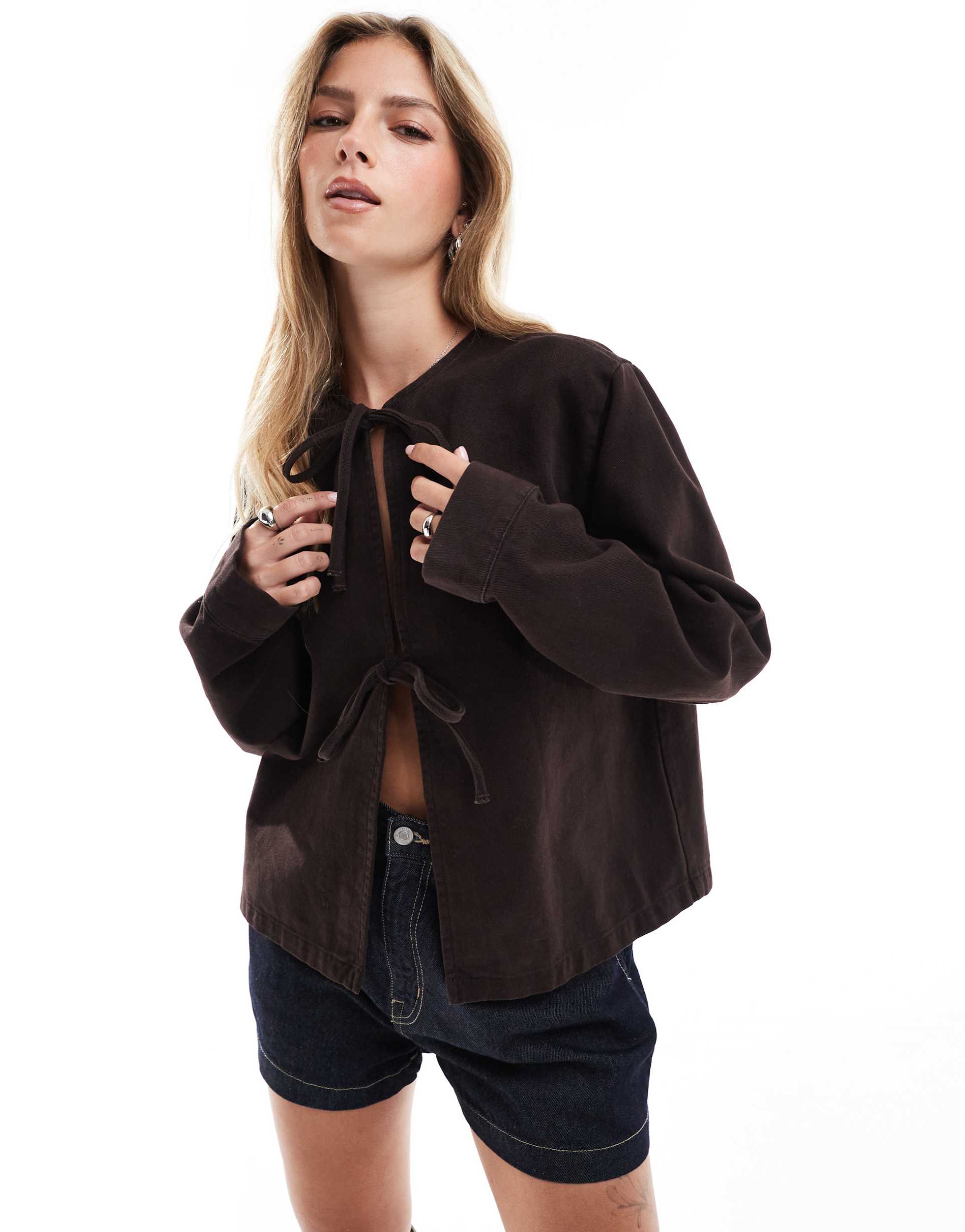 asos design denim long sleeve tie front top in brown