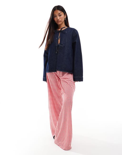 ASOS DESIGN denim long sleeve tie front top in indigo