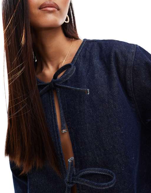 ASOS DESIGN denim long sleeve tie front top in indigo