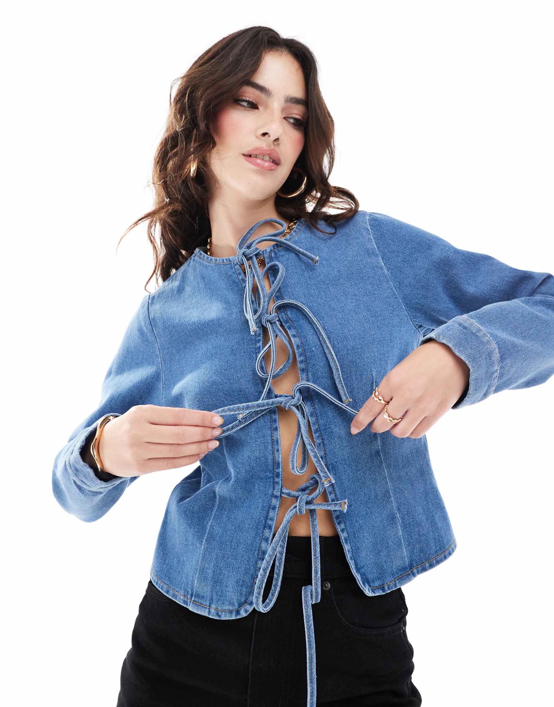 asos design denim long sleeve tie front top in mid blue