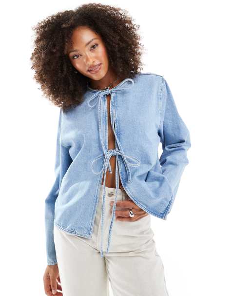 ASOS DESIGN denim long sleeve tie front top in mid blue - view 1