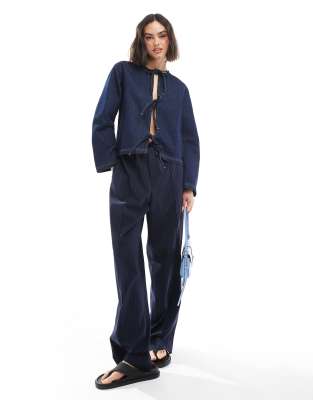 Asos Design Denim Long Sleeve Tie Front Top With Contrast Stitching In Blue